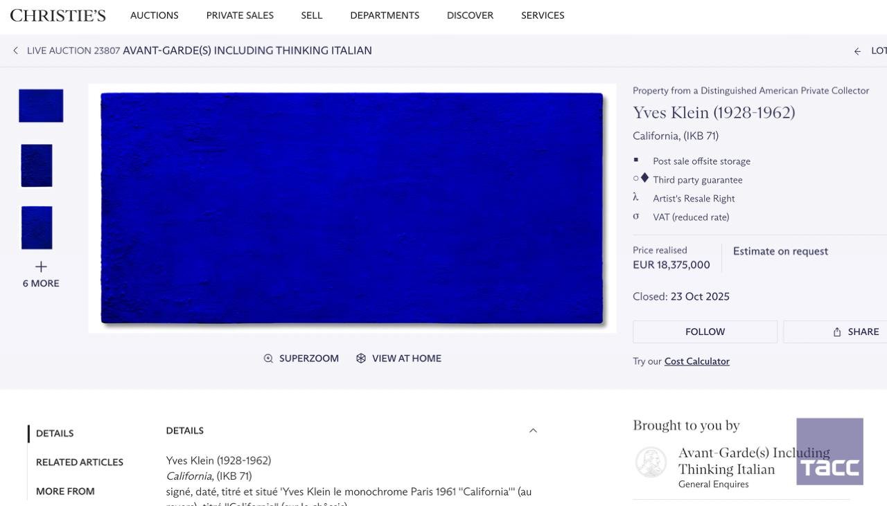 Blue Yves Klein Painting Sells for Record €18.4 Million
