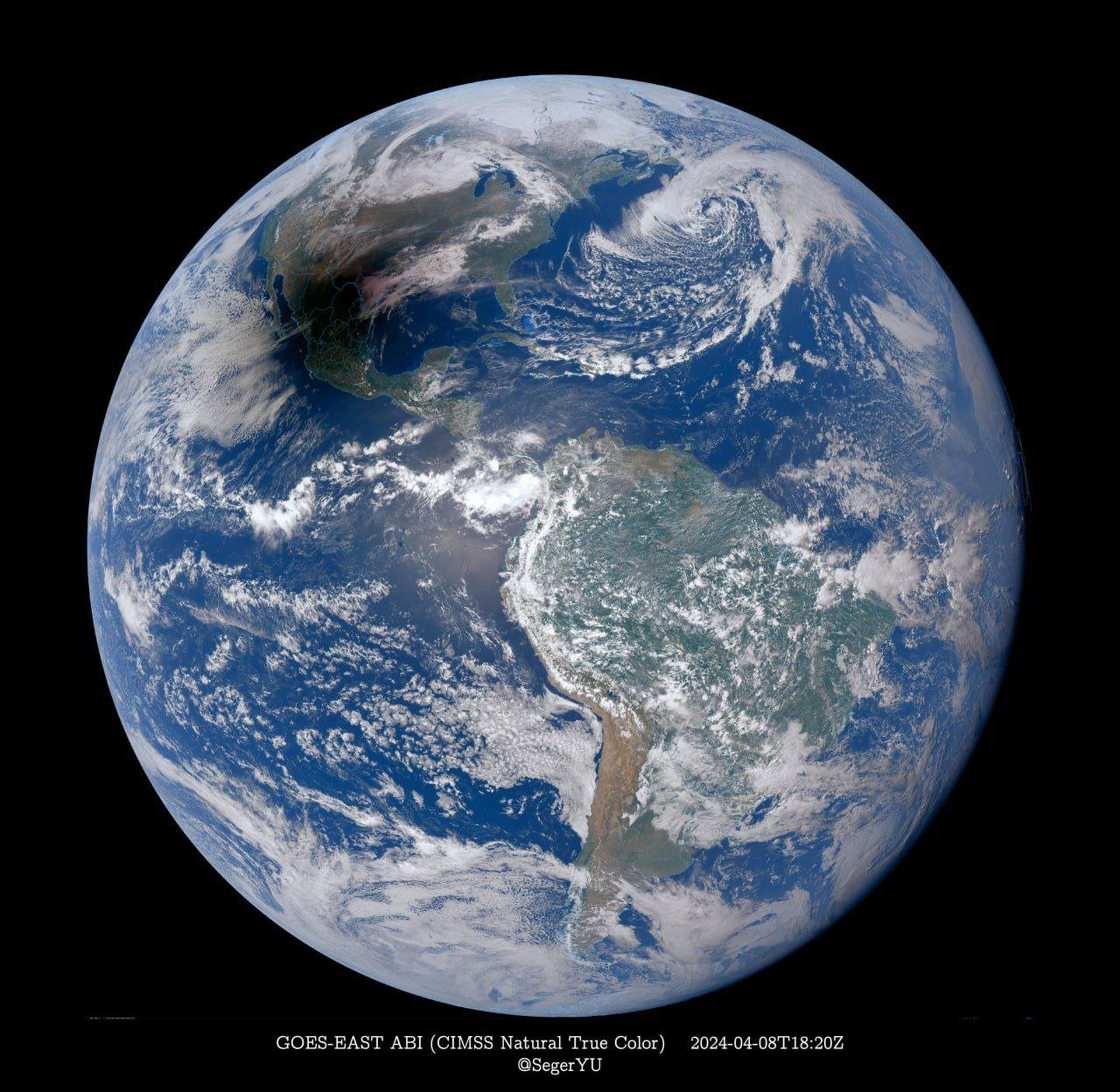 North american solar eclipse seen from space

The North American solar eclipse was captured from space in an image taken by the geostationary satellite GOES-EAST.

This rare celestial event provided a unique perspective of the eclipse, showcasing the moon passing between the sun and the Earth.