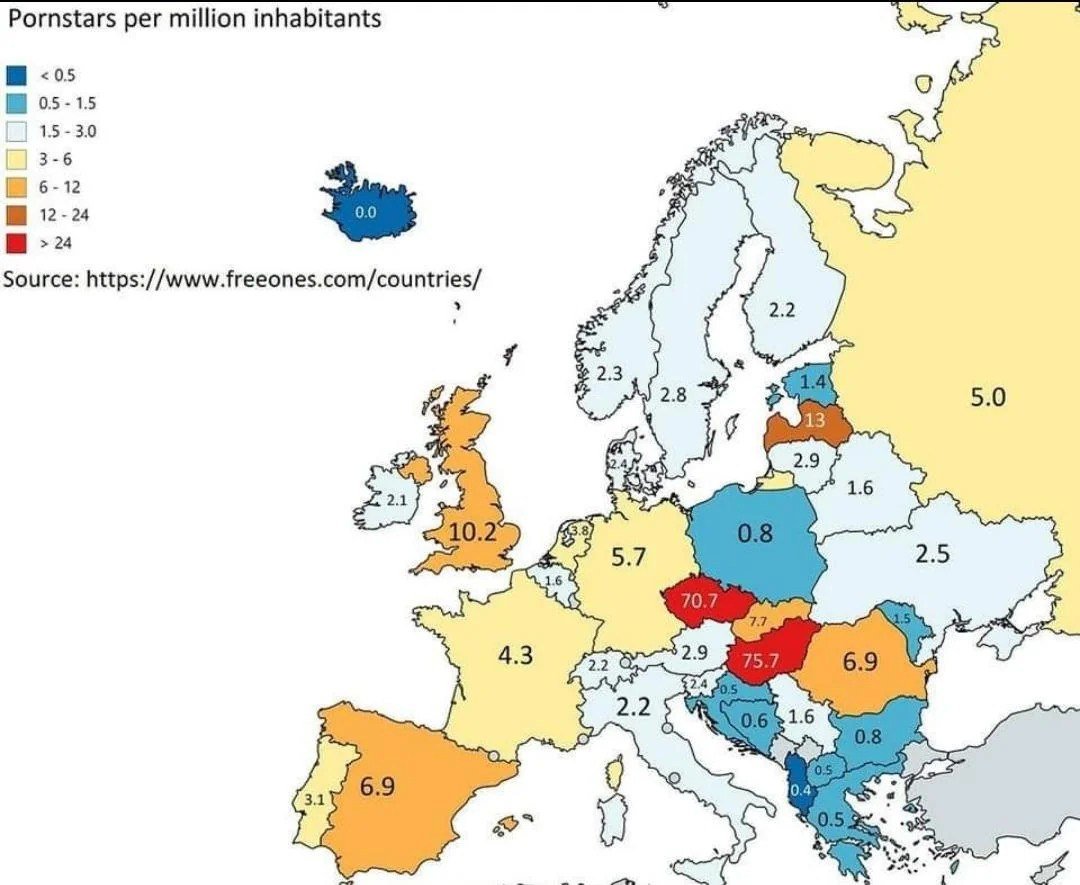 Number of Porn Actresses per Million Inhabitants in European Countries