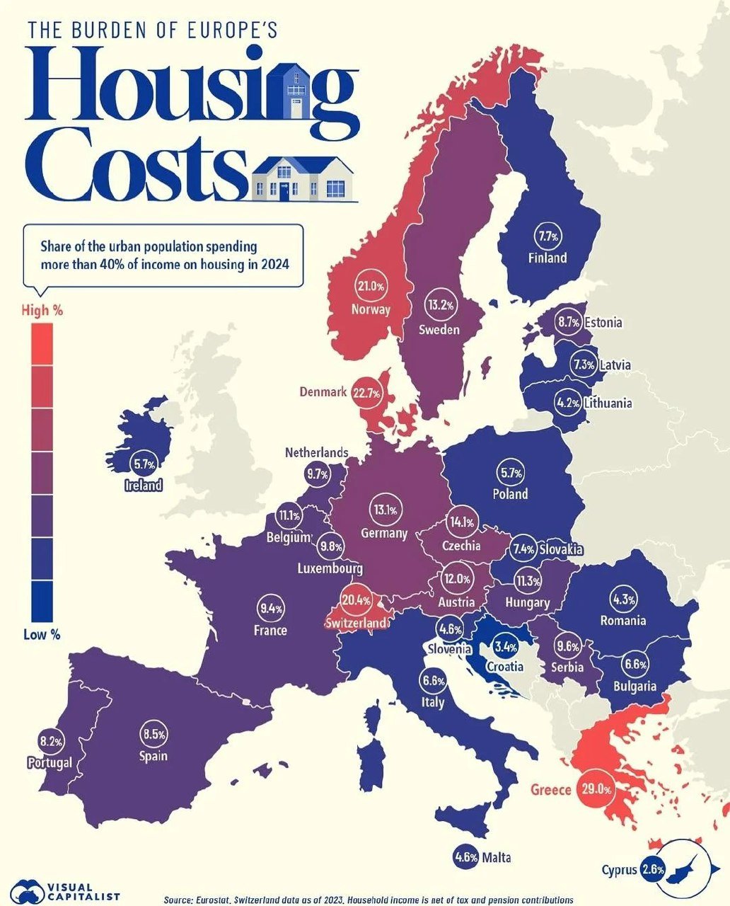 Share of people with high housing costs in European countries