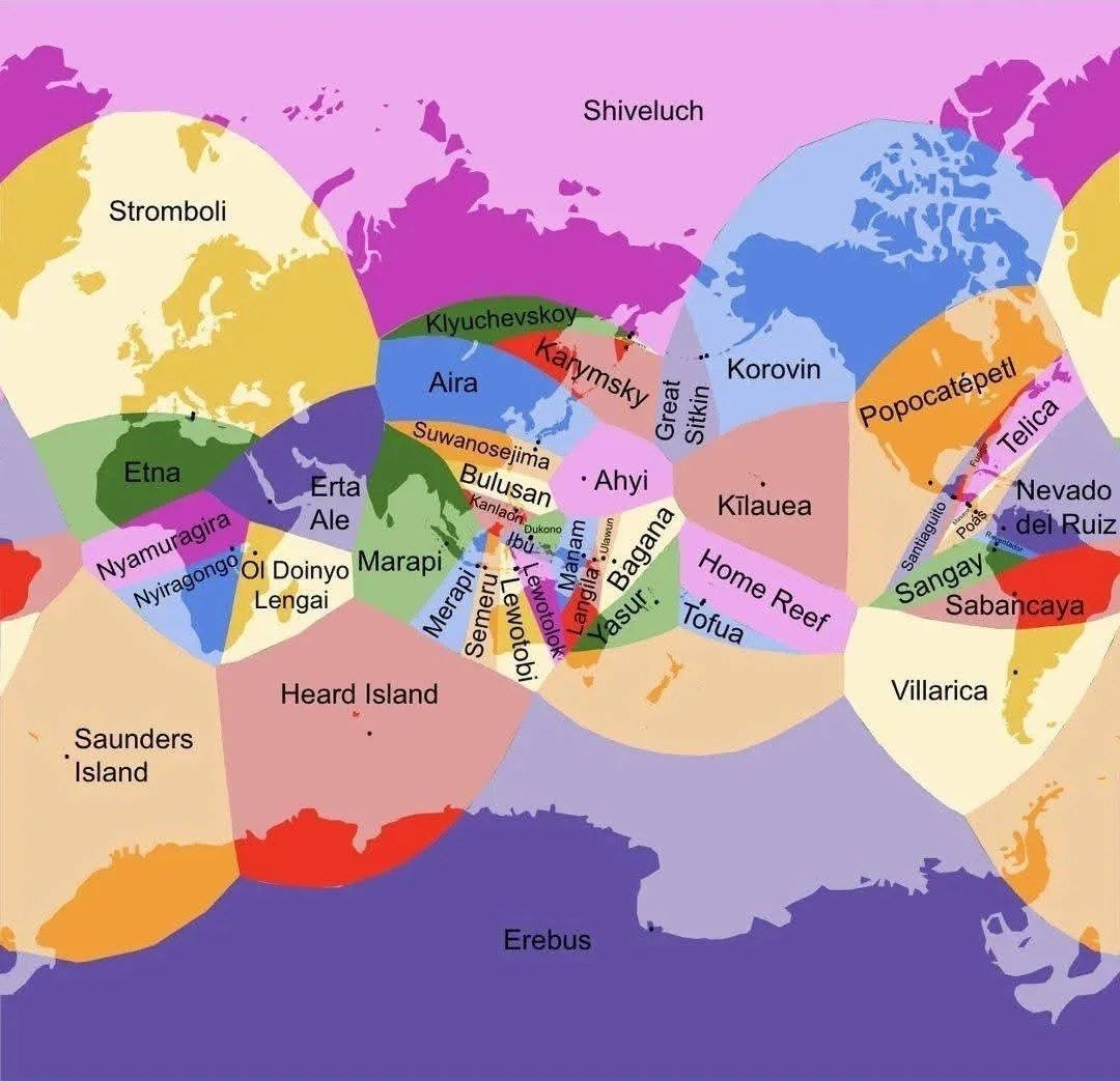 The Closest Erupting Volcano to Various Points on Earth
