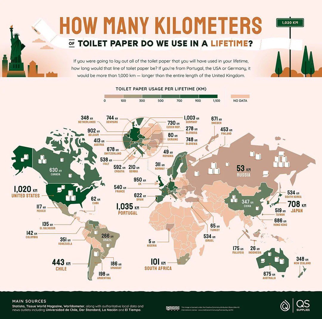 How Many Kilometers of Toilet Paper Are Used in a Lifetime in Different Countries Around the World