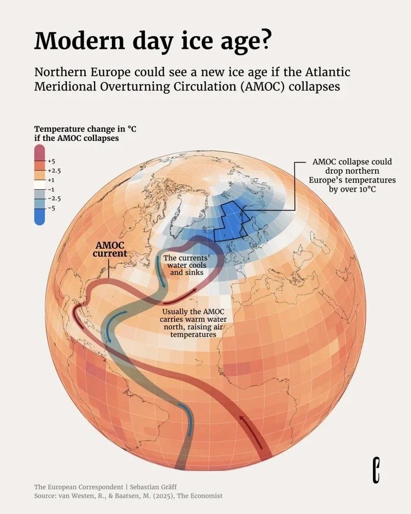 What happens if warm currents in Northern Europe cease

The Atlantic meridional overturning circulation, a significant system of currents like the Gulf Stream, transports warm Atlantic water to Europe and returns cold water. If disrupted, it will lead to a significant drop in average temperatures. Projections indicate that some areas could experience temperature decreases of more than 10 degrees. The most affected regions will be Scandinavia and Iceland, with noticeable cooling extending to the British Isles, northern France, Germany, and the Baltic region.