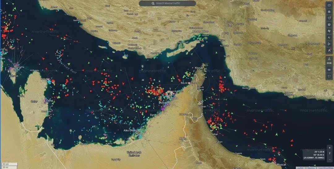 Ships in the Persian Gulf

In a recent snapshot of the area, red dots on the map indicate the presence of oil or gas tankers, while the Strait of Hormuz appears notably devoid of vessels.

This visual representation highlights the concentration of shipping activity in the Persian Gulf, with a noticeable gap in traffic through the critical chokepoint of the Strait of Hormuz.