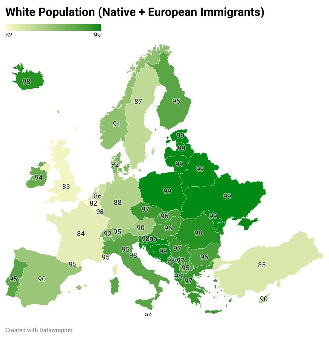 Proportion of White Population in European Countries

The proportion of white population in Europe typically exceeds 50%, but in several countries, it falls below 100%.

Eastern European nations have the smallest presence of other races, with white individuals making up about 99% of the overall population.

Belgium has 82% white residents, the United Kingdom 83%, and France 84%.