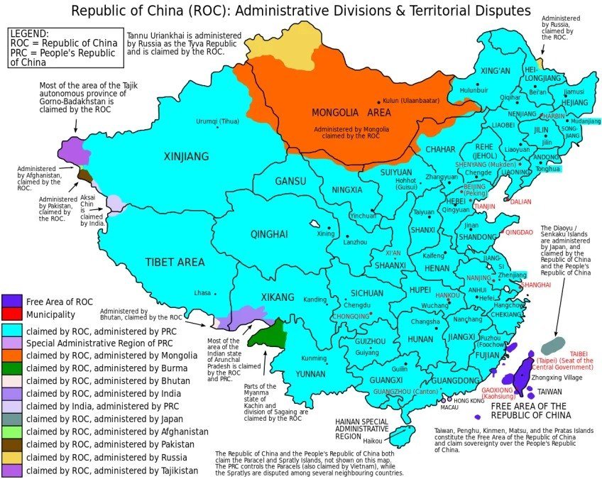 Map of China According to Taiwanese Government

Taiwan's perception of China's map differs significantly from the official view held by the People's Republic of China. Taiwan considers itself as an island separate from mainland China, which is predominantly controlled by the mainland government.

In addition to the core territory, Taiwan's map includes regions currently under the administration of other countries, according to their perspective. This expanded view encompasses territories in Mongolia, Myanmar, Bhutan, India, Japan, Afghanistan, Pakistan, and Tajikistan, reflecting Taiwan's distinct geopolitical stance.