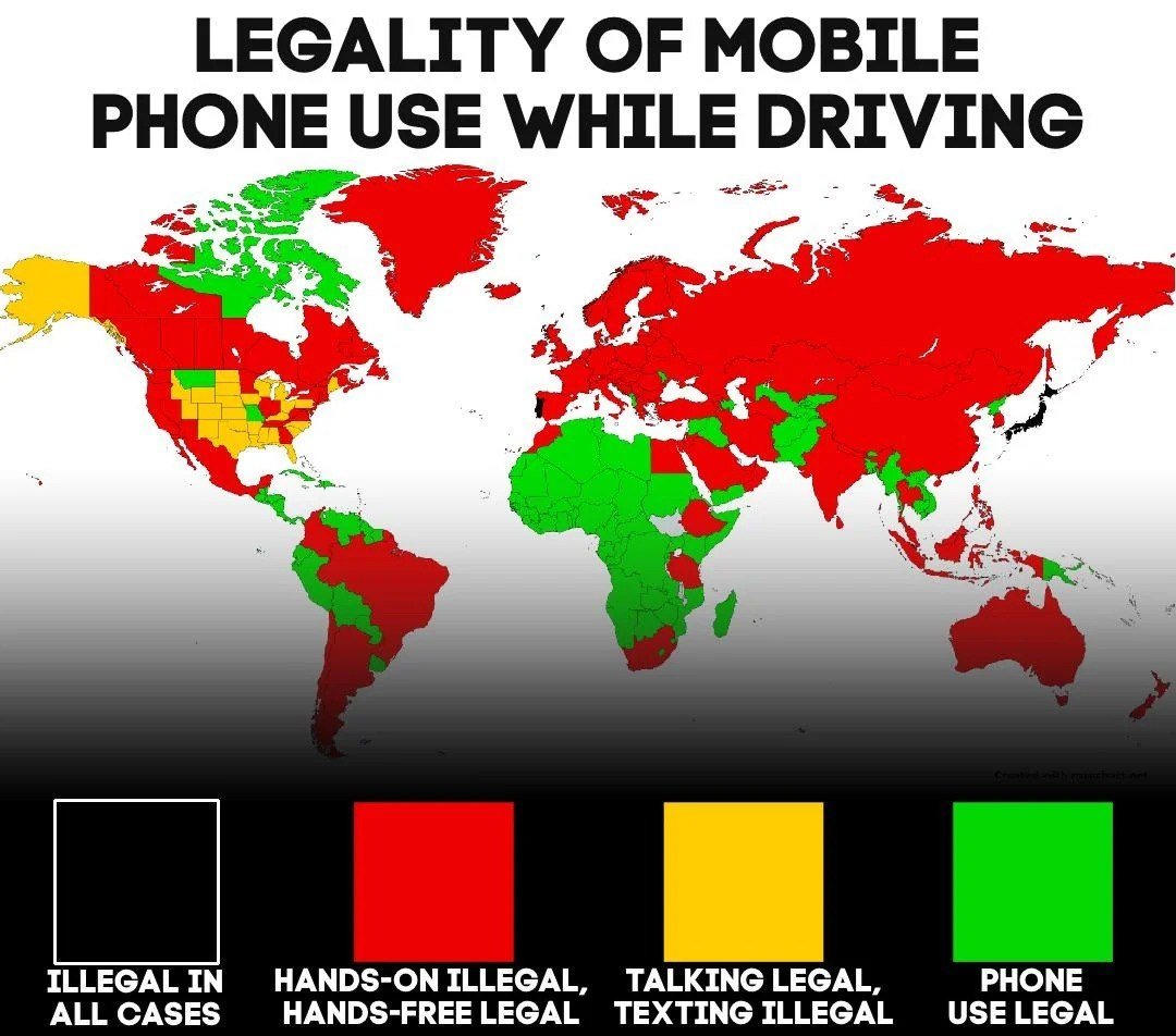 Legality of Using a Mobile Phone While Driving in Different Countries Around the World

In most countries, including ours, using a phone while driving is only allowed in hands-free mode. This means not holding the phone: drivers can talk through a headset or speakerphone.

Portugal and Japan have strict bans on using phones while driving, while some U.S. states permit talking on the phone (even holding it), but prohibit texting. Interestingly, no country has identical laws on this issue.

Contrastingly, in many African countries, as well as numerous countries in Asia and Latin America (often less developed), drivers are allowed to use their phones in any form while driving. Surprisingly, a few U.S. states and one Canadian territory also permit this practice.