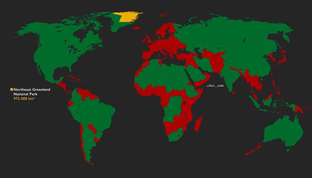 Countries Larger (and Smaller) Than the World's Largest National Park

The world's largest national park, Northeast Greenland National Park, spans just under a million square kilometers. This vast area surpasses the size of most European countries, excluding Russia and Denmark (to which Greenland belongs), as well as numerous Asian, African, and several Latin American countries.

It's remarkable to consider that this immense expanse is only one of many national parks worldwide.