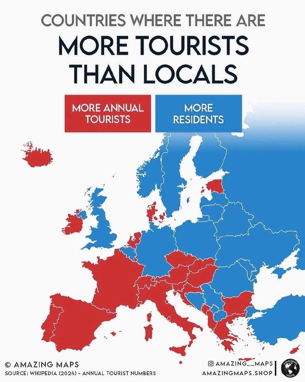 European Countries: Locals vs. Tourists

If we analyze the distribution of locals and tourists throughout the year in European countries, an interesting pattern emerges. A general trend shows that in countries located below and to the left of a line drawn from Iceland to the Balkans, the annual influx of tourists surpasses the total local population. Conversely, in countries situated above and to the right of this line, the number of locals typically outweighs the number of tourists visiting.