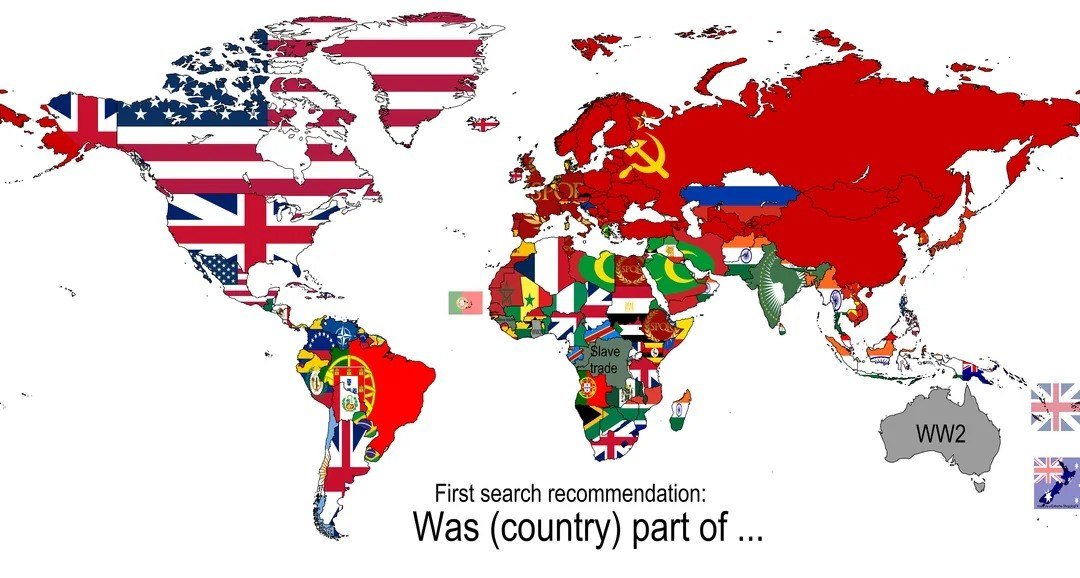 Google's Surprising Search Suggestions for Country's Historical Affiliations

Most often, when searching for "was [country] part of...", Google suggests historical affiliations that might surprise many. For instance, for countries in Europe, the USSR is a common suggestion, while Western European countries often relate to the Roman Empire and the Middle East to the Ottoman Empire.

Specific countries like Kazakhstan and the USA prompt searches about their connections to Russia and Great Britain, respectively. In contrast, queries about Mexico and Canada revolve around their relationship with the USA. Surprisingly, some African countries' top queries involve their historical involvement in slavery, while Australians wonder about their participation in World War II.