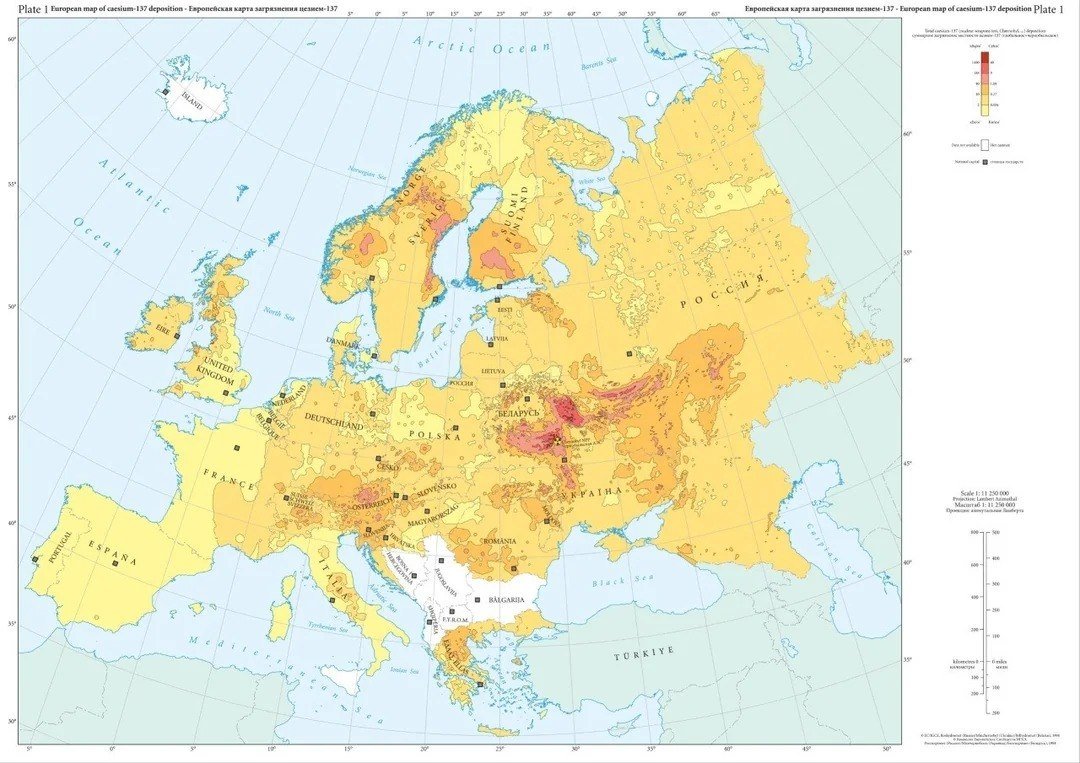 Contamination of Europe by Cesium-137 after the Chernobyl disaster

The most significant contamination beyond the areas adjacent to Chernobyl was found around mountains, particularly in Austria near the Alps and in the Scandinavian mountains (Finland, Sweden, and Norway).

Central Russia was largely shielded from radiation due to winds, with the absence of mountains preventing the accumulation of contamination in that region.