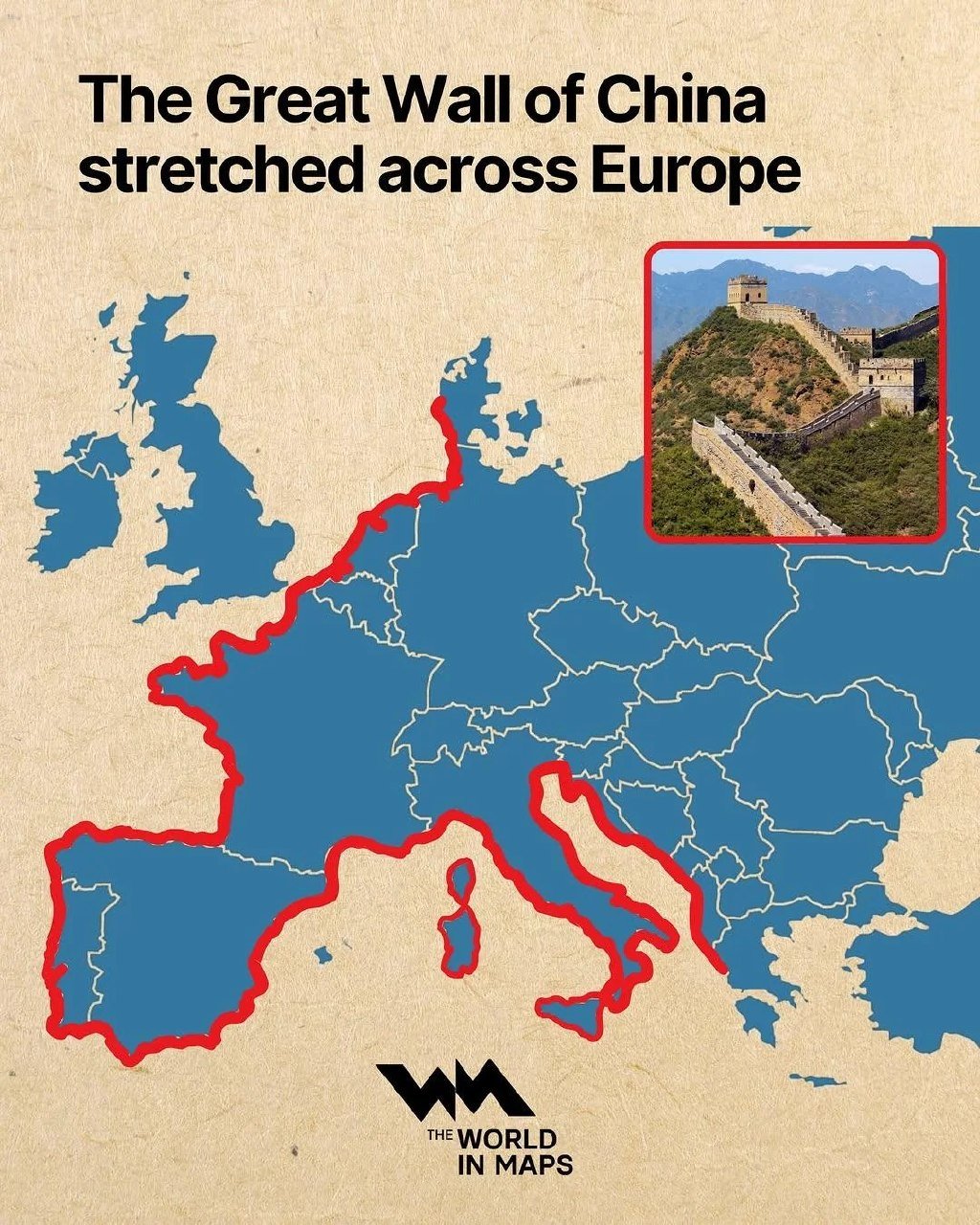The Great Wall of China's Impressive Scale

A stunning visualization demonstrates the vast size of China's most famous ancient structure. The length of the Great Wall would be long enough to encircle the entire western part of Europe, from Greece to Denmark. It would span across the Adriatic, circle Italy, bypass France, Spain, and Portugal, skirt along La Manche, and finally end its path somewhere in western Denmark.

Moreover, the Great Wall's length could fully enclose Sicily, Sardinia, and Corsica within its walls.