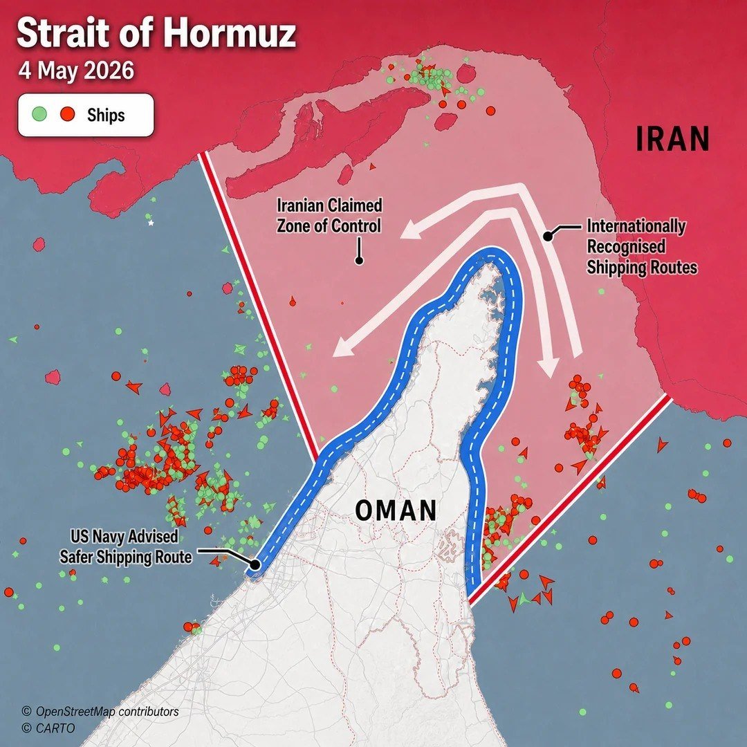 What's happening in the Strait of Hormuz

The Strait of Hormuz was nearly deserted recently, with Iran claiming control over most of the area, including the main routes. A cluster of ships seeking passage through the strait unexpectedly crossed into Iran's designated control zone.

The U.S. authorities advise a "safe" route (marked by a blue line) running close to the borders of Oman and the UAE, furthest from Iran. This route was completely devoid of any vessels yesterday.