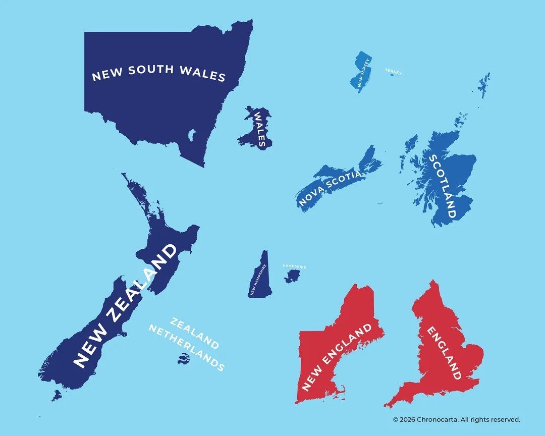 Regions with Similar Names in the Old and New World

In the New World, there are regions named after places in the Old World, often significantly larger than their namesakes. For instance, in Zeeland (a province in the Netherlands), there are 381 thousand people living on an area of 1.8 thousand square kilometers. In New Zealand, around 5 million people inhabit an area of 268 thousand square kilometers.

Wales has approximately 3 million residents living on 21 thousand square kilometers, while in New South Wales (a state in Australia), 8.4 million people reside on 800 thousand square kilometers. Interestingly, there are two Englands and two Scotlands that are more or less comparable in scale.