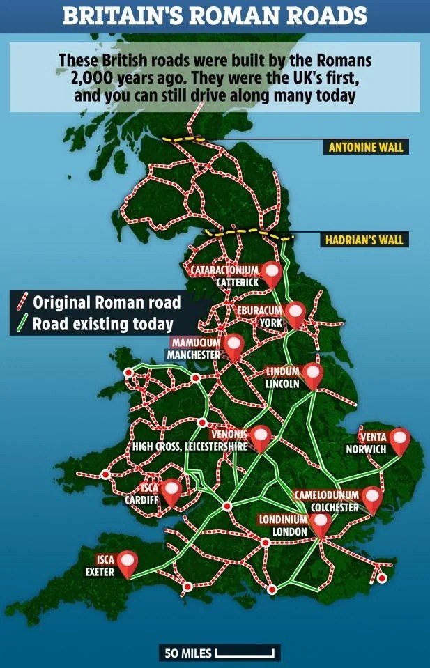 Roman Road Network in Modern Britain

The Roman Empire established England's road network two millennia ago, with some of these routes still in operation today. Modern highways, depicted in green, are constructed over the ancient Roman roads, showcasing a blend of history and functionality.

However, the red roads, remnants of the past, are no longer utilized, highlighting the evolution and expansion of transportation infrastructure over time. Additionally, the protective walls erected against Scotland as part of the historical landscape serve as enduring testaments to ancient strategic planning.