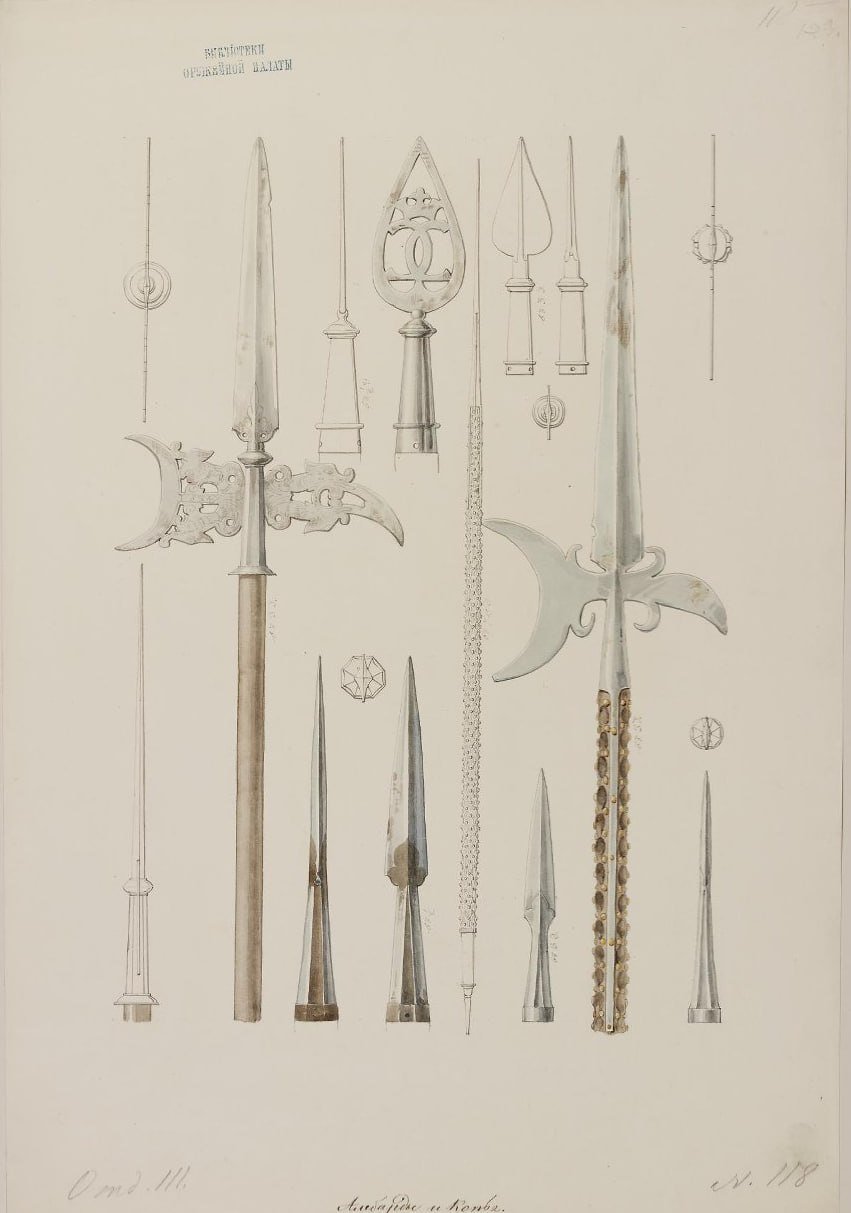 Watercolor Depicting Halberds, Poleaxes, and Ceremonial Tops by Solntsev Fyodor Grigoryevich

This artwork, created in Russia during the 1830s by artist Solntsev Fyodor Grigoryevich, showcases a collection of halberds, poleaxes, and ceremonial tops. The piece is executed on paper using ink and watercolor, with dimensions of 47.6 x 31.8 cm on the sheet and 66.1 x 49.0 cm including the mat.

The painting offers viewers different perspectives of these historical weapons and ceremonial items, providing a glimpse into the weaponry and regalia of that era. This piece is part of the Museums of the Moscow Kremlin collection, offering a unique insight into the artifacts and history preserved in the museum.