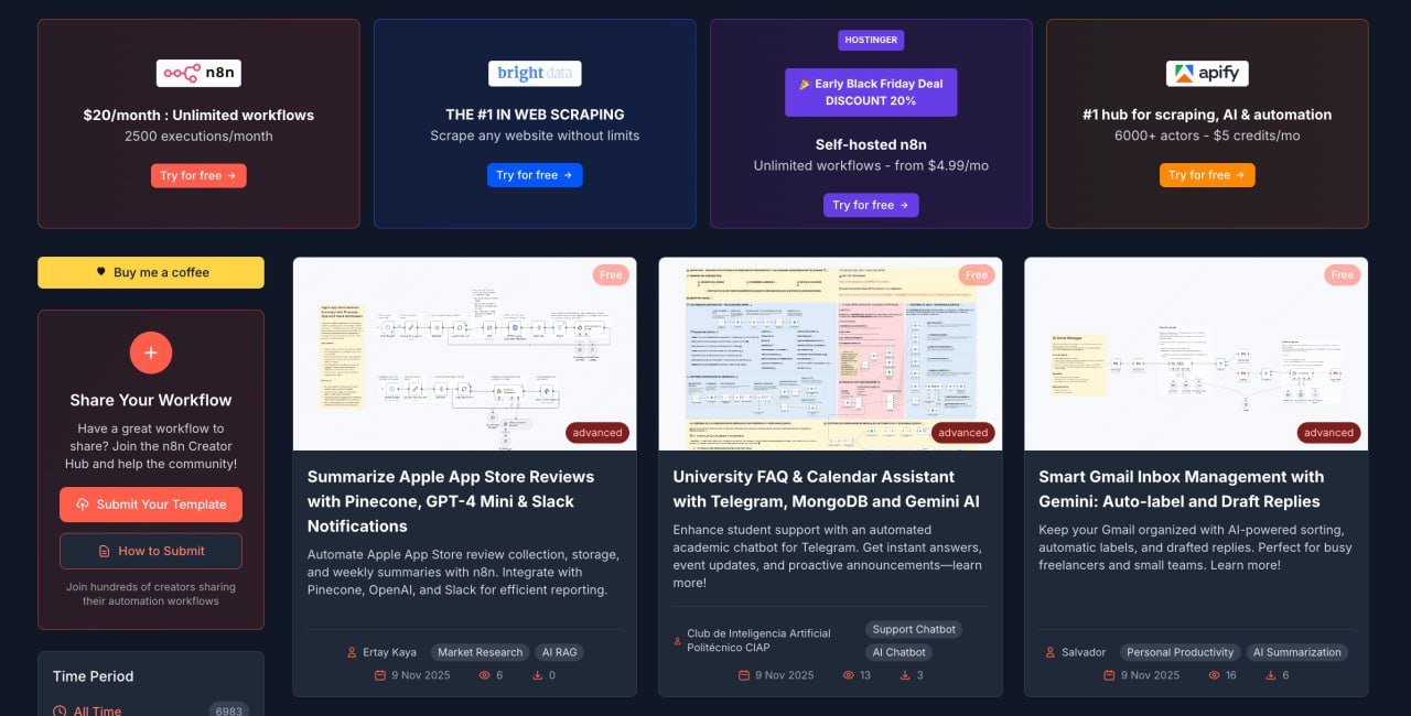 End of Routine: New Collection of 7000 Templates Released

A vast selection of 7000 ready-made templates for n8n has been launched, offering a wide range of options for automating tasks like email responses and tax payments. Each template is accompanied by a detailed description and easy-to-follow instructions.

This extensive collection aims to simplify work processes and enhance productivity. Access the tool at n8nworkflows.xyz to streamline your tasks effectively.